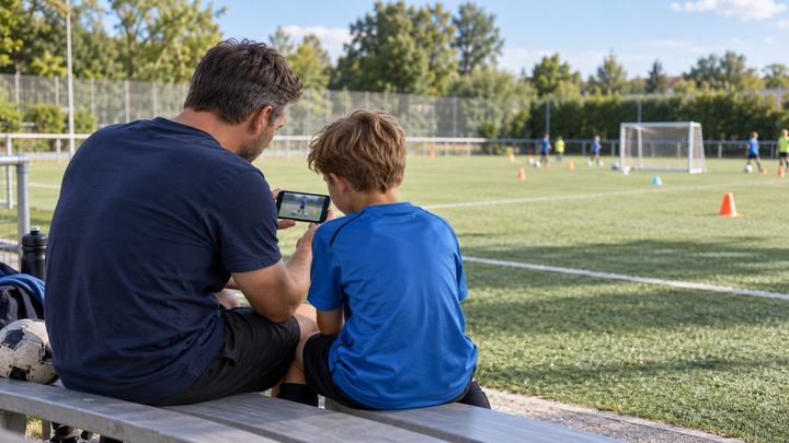 Vater und Kind schauen am Spielfeldrand gemeinsam auf einem Smartphone einen älteren Trainingsclip an.