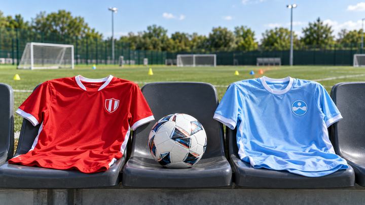 Ein rotes und ein hellblaues Kinderfußballtrikot mit unterschiedlichen Vereinswappen liegen mit einem Fußball auf modernen Sitzschalen am Spielfeldrand.
