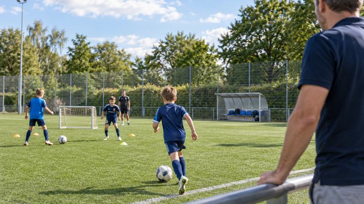 Ein Vater beobachtet ein Kind beim Fußballtraining