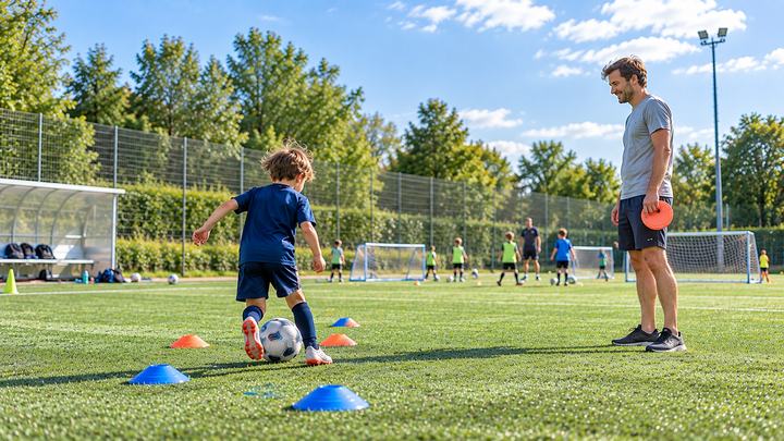 Ein Vater begleitet ein Kind beim Fußballtraining